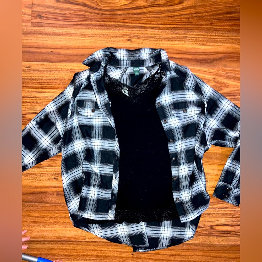 Y2K Lace cami with plaid shirt
